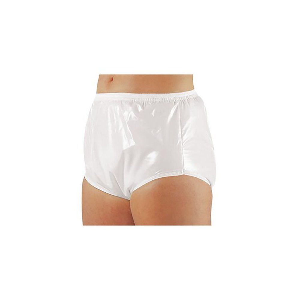 Witte, glanzende beschermende slip. Elastische tailleband. Vooraanzicht, heupen en dijen gedeeltelijk zichtbaar.