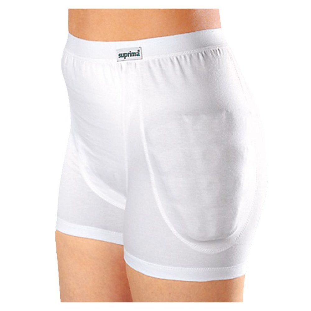 Culotte de protection blanche avec coussinets aux hanches. Le nom de la marque Suprima est visible sur la ceinture. Couvre les hanches et les cuisses.
