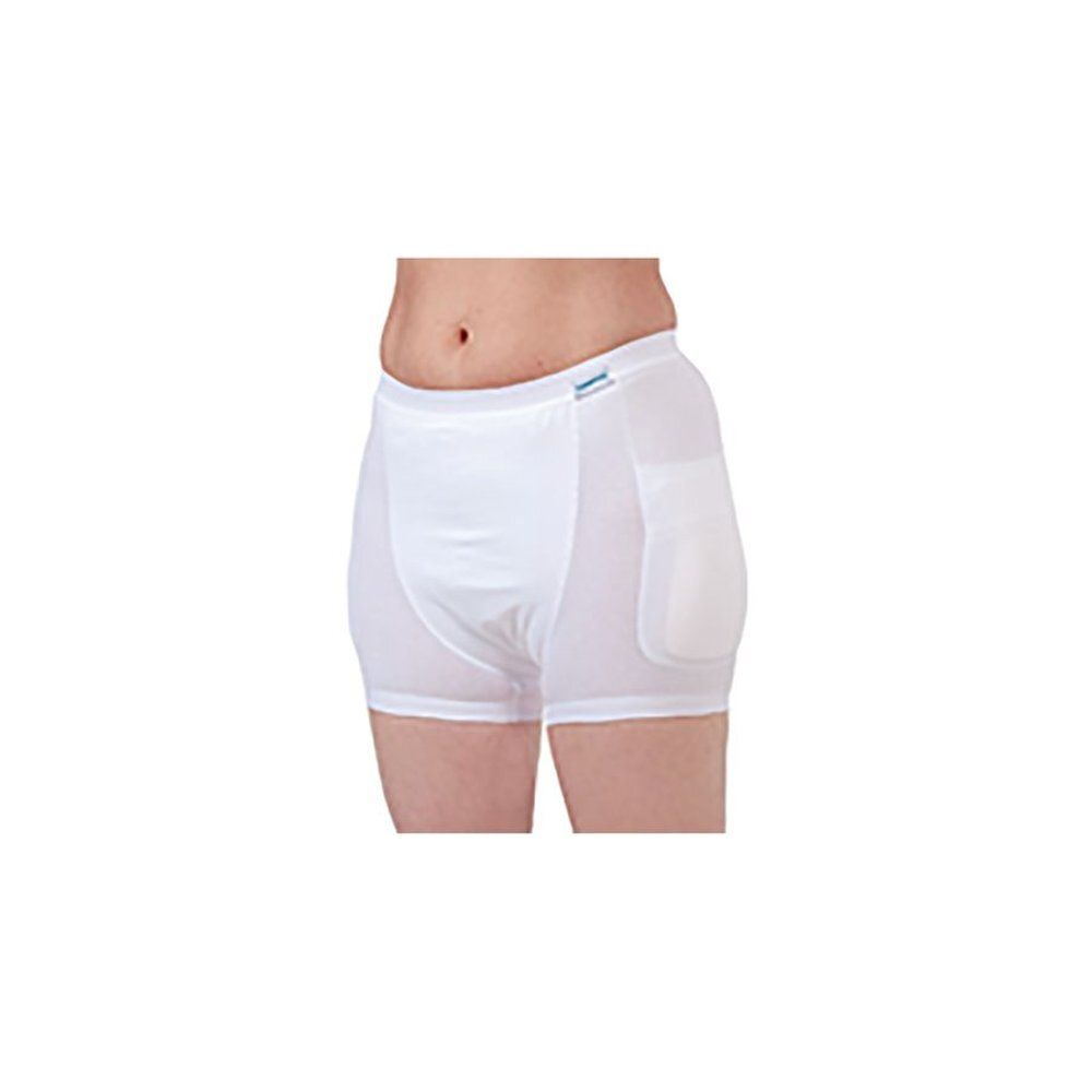 Culotte de protection blanche avec coussinets sur les hanches. Le produit couvre le bas-ventre et les cuisses. Une étiquette est visible à la taille.