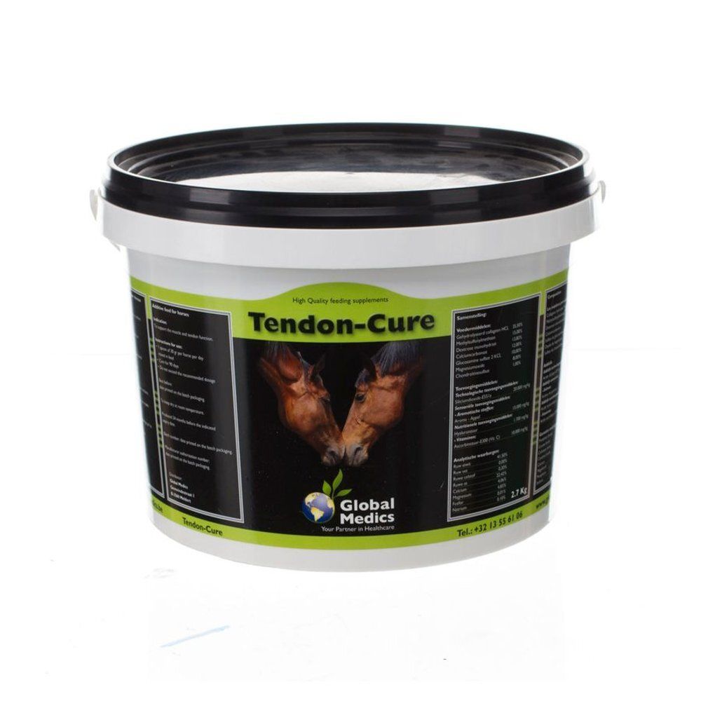 Achterkant van de Tendon-Cure emmer met gedetailleerde gebruiksinstructies en ingrediënten in meerdere talen.