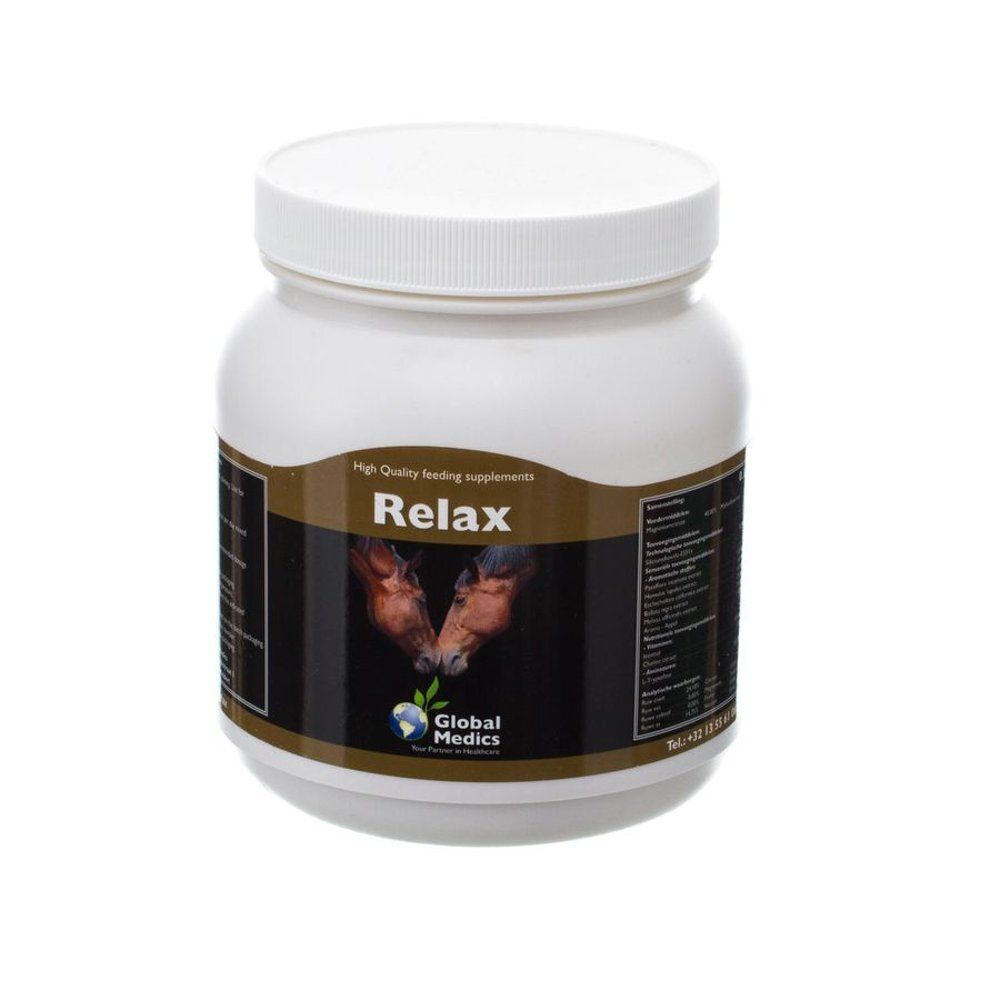 Global Medics Relax pot met etiket waarop twee paardenkoppen en productinformatie staat.