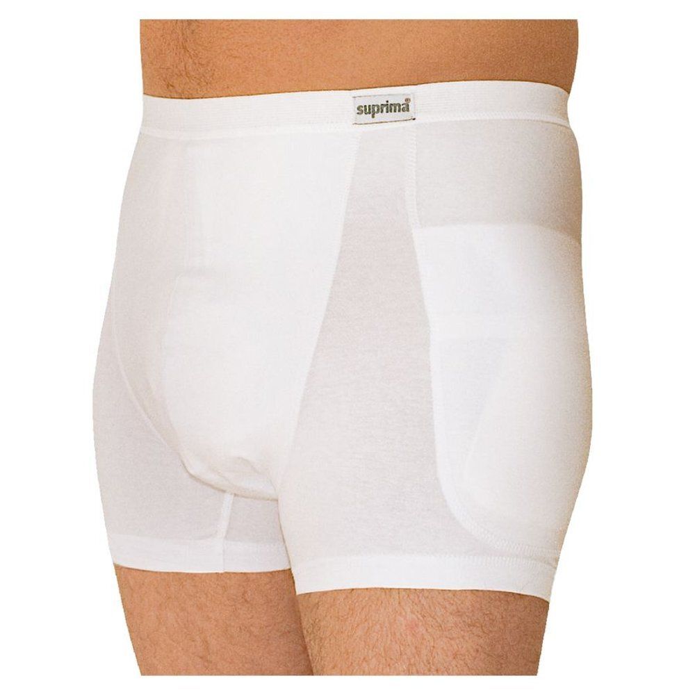 Witte heupbeschermingsslip met beschermzakken. Merk: Suprima. Zijaanzicht, gedragen.