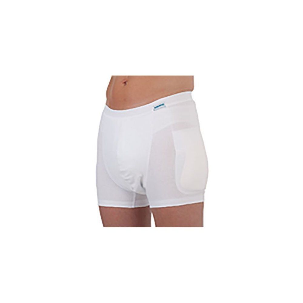Short de protection blanc avec coussinets sur les hanches. Le tissu est légèrement transparent. Une petite étiquette est visible à la taille.