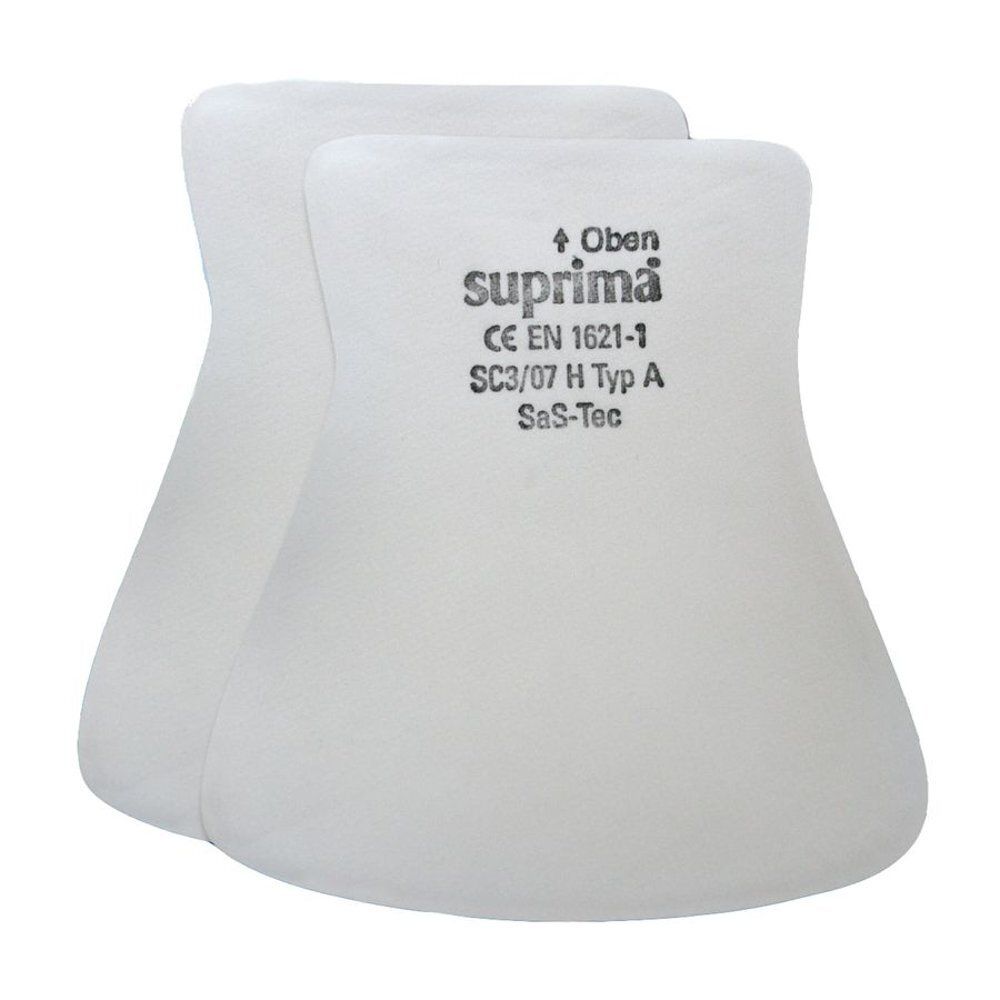 Deux protections de hanches blanches. Le logo Suprima et des certifications sont visibles.