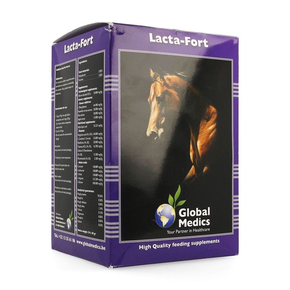 Boîte Lacta-Fort avec image de cheval et logo Global Medics.