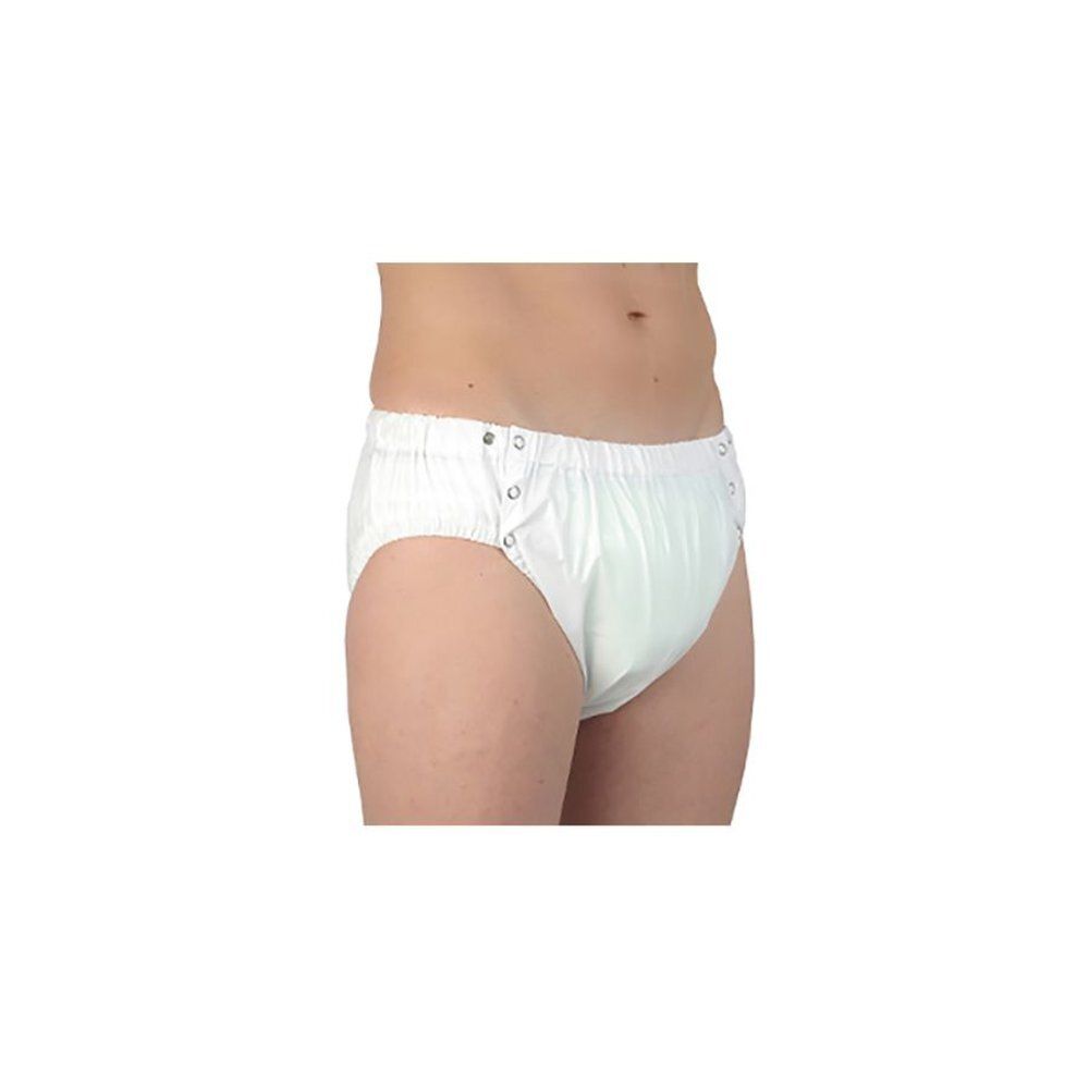 Slip en PVC blanc avec boutons. Vue latérale. Taille élastique. Boutons sur le côté.