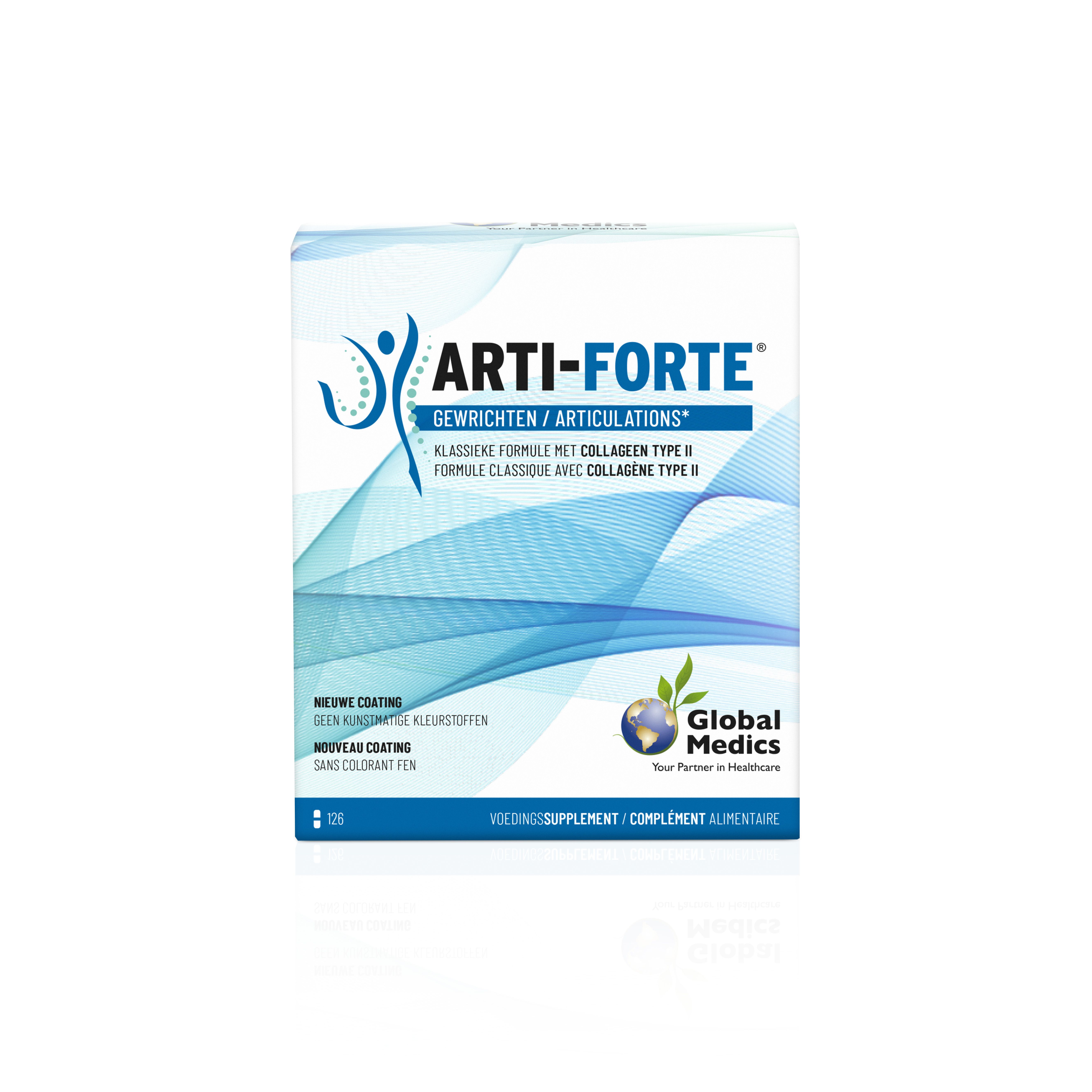 Doos Arti-Forte Gewrichten met Glucosamine, Chondroïtine en Collageen Type II.