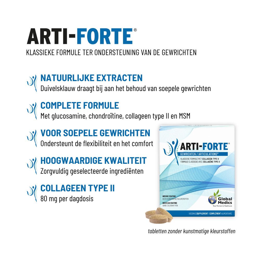 Doos Arti-Forte Gewrichten met Glucosamine, Chondroïtine en Collageen Type II.