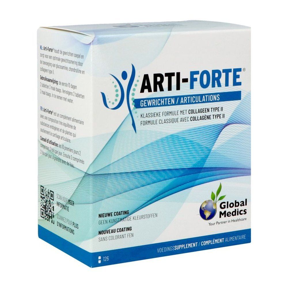 Doos Arti-Forte Gewrichten met Glucosamine, Chondroïtine en Collageen Type II.