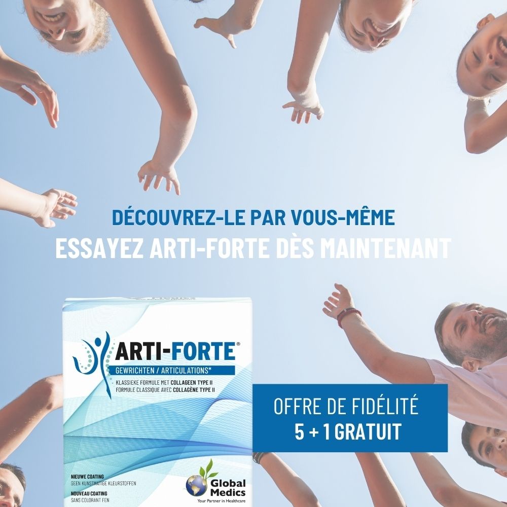 Boîte Arti-Forte Articulations avec Glucosamine, Chondroïtine et Collagène Type II.