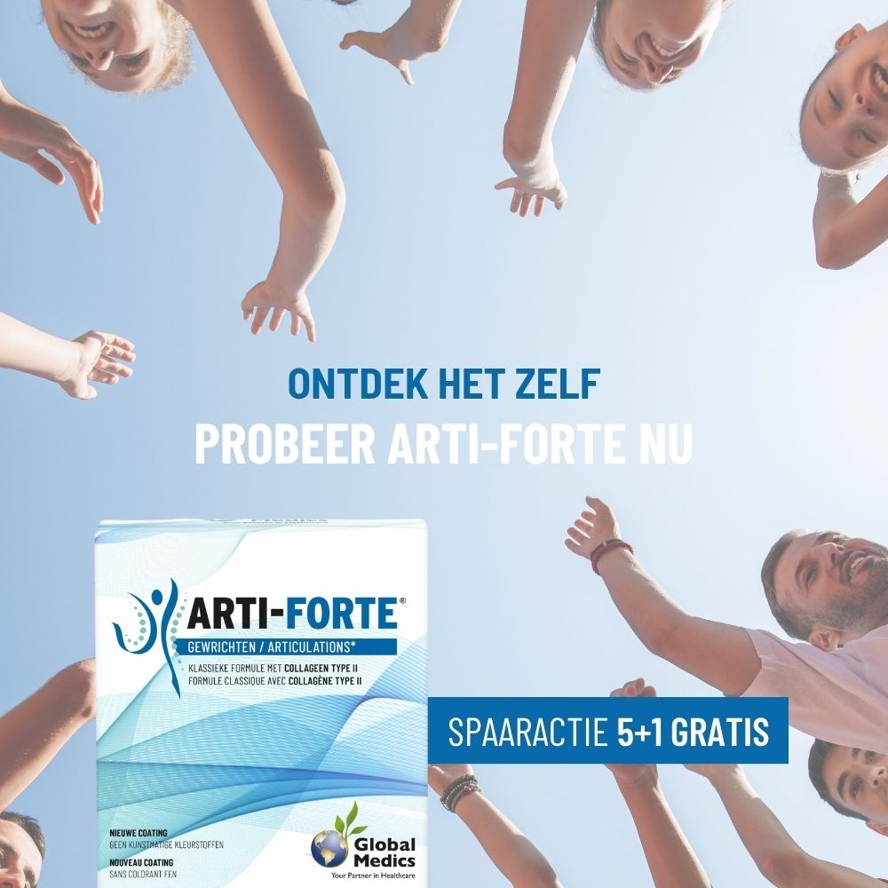Doos Arti-Forte Gewrichten met Glucosamine, Chondroïtine en Collageen Type II.