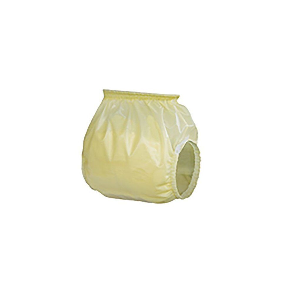 Culotte de protection en plastique jaune clair, taille élastique et ouvertures pour les jambes. Vue de face.