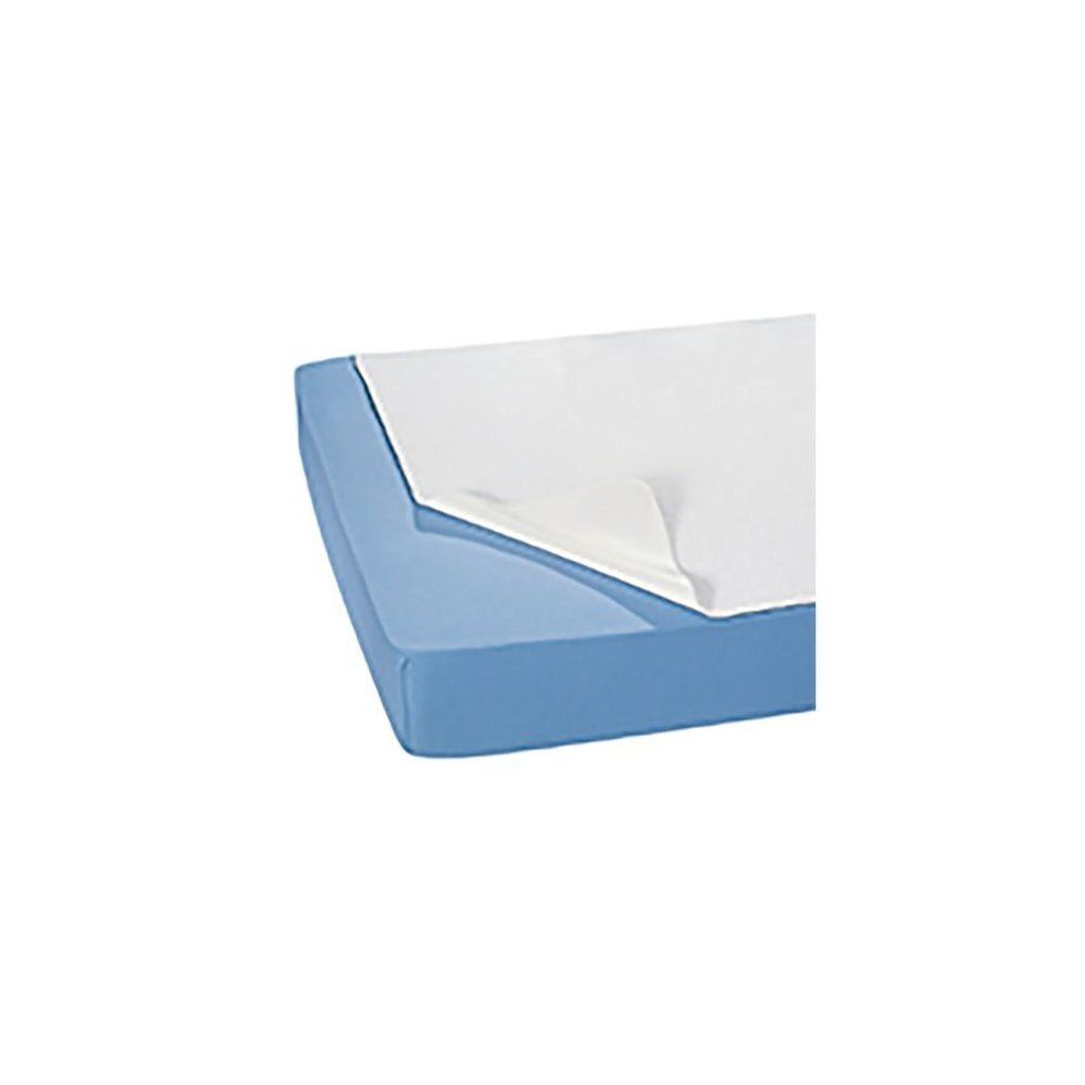 Blauwe matrasbeschermer met witte hoes. Hoekweergave, toont de randen. PVC-materiaal.