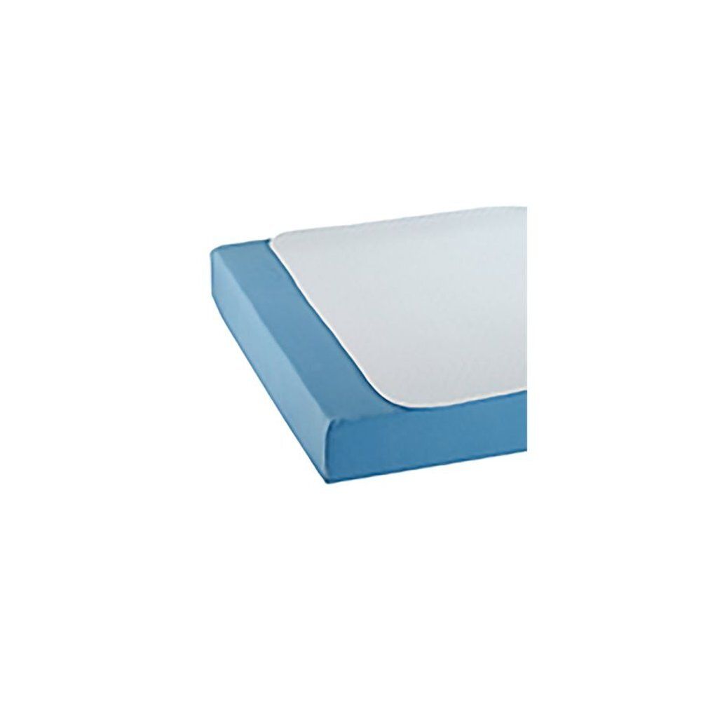 Protège-matelas bleu avec surface blanche. Vue en coin.