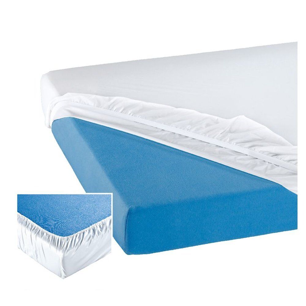 Wit hoeslaken op blauw matrasdeel. Hoekdetail met elastiek. Extra detailbeeld.