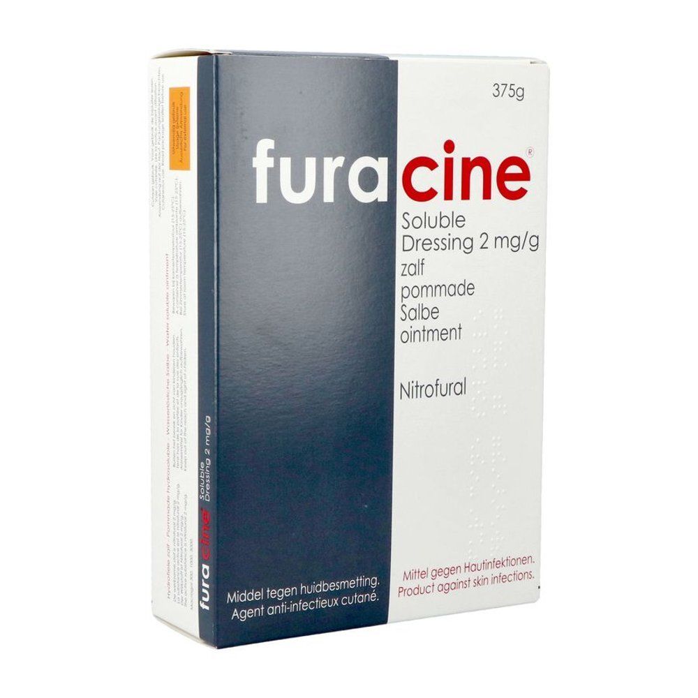 Boîte de "furacine", pommade 2 mg/g. Inscriptions en allemand, néerlandais et français. Poids : 375g.
