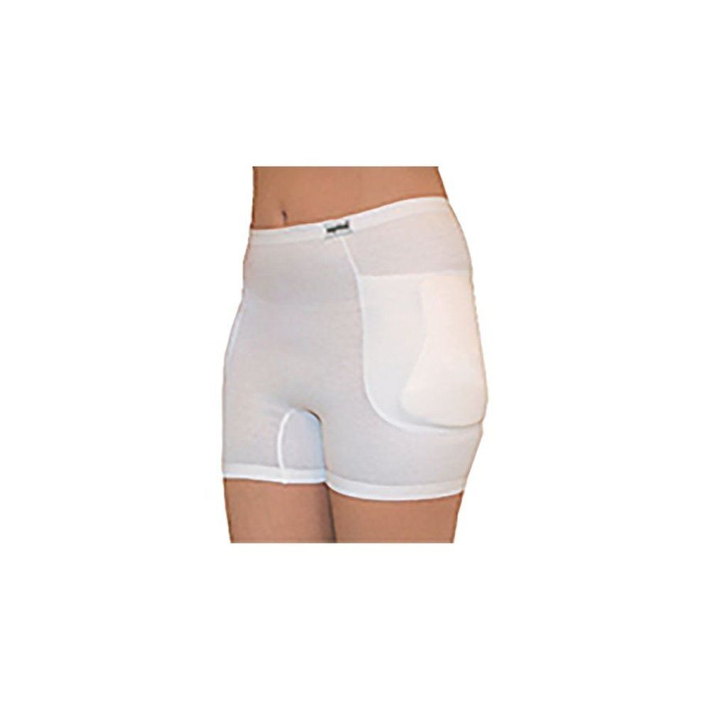 Culotte de protection unisexe blanche avec rembourrage aux hanches. Coupe courte, taille haute. Inscription sur la ceinture.