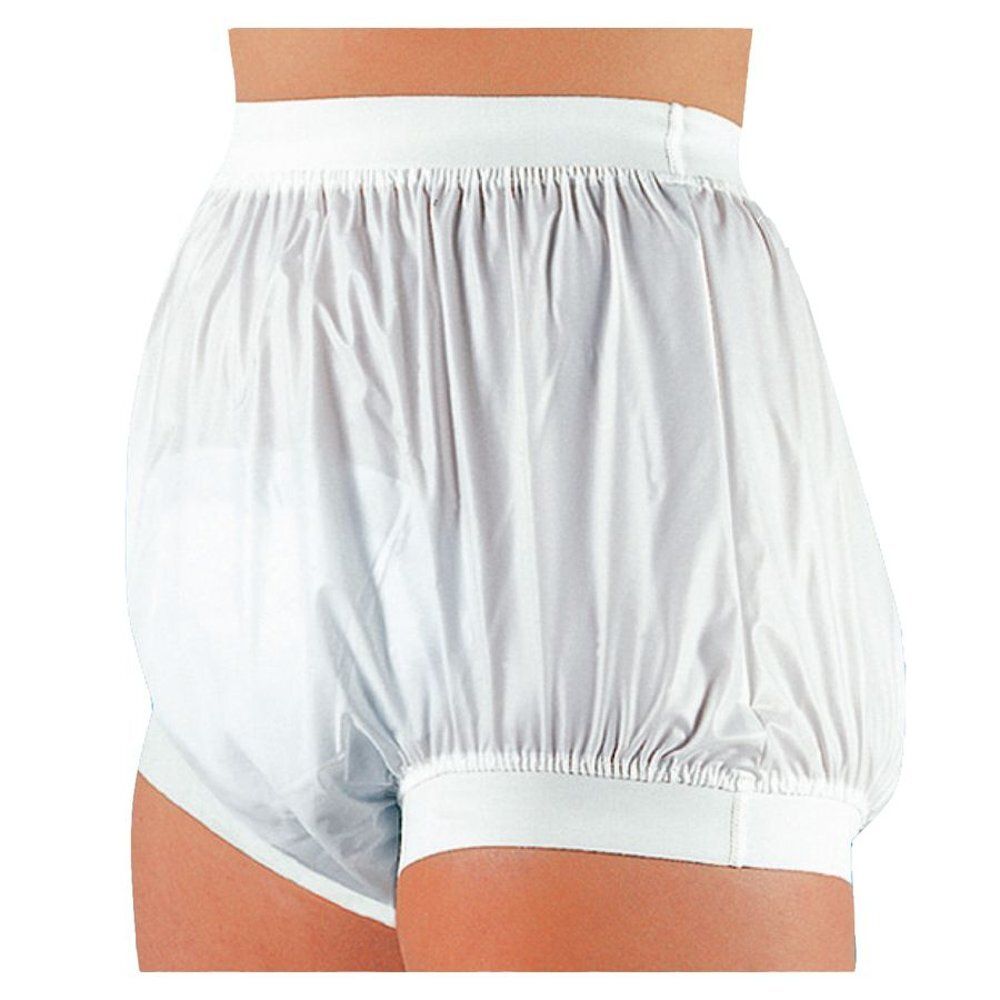 Witte, korte beschermbroek met elastiek in taille en benen. Zijaanzicht.