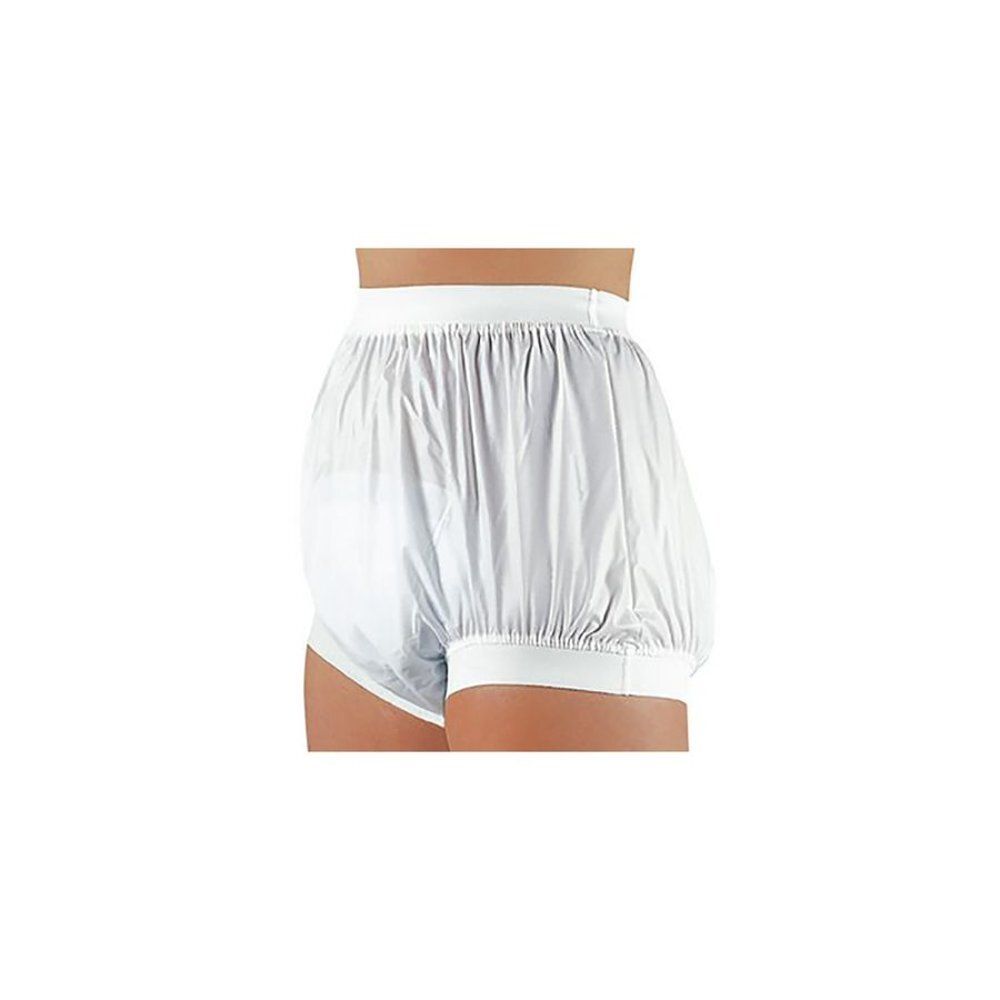 Culotte de protection blanche, courte, avec élastiques. Vue arrière, portée en partie sur le corps.