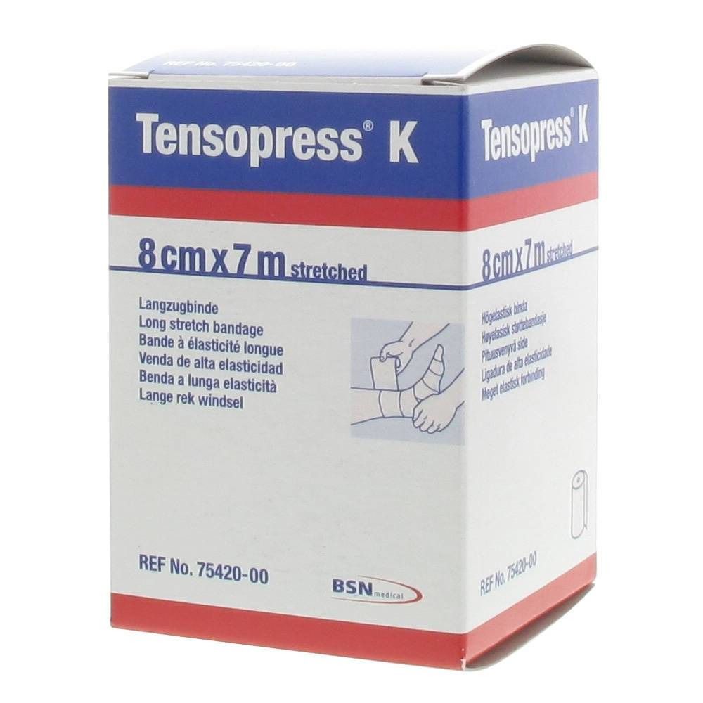 Emballage de Tensopress K Lanzugbinde. Boîte blanche et bleue. Inscription : 8cmx7m stretched. Illustration d'un bandage.