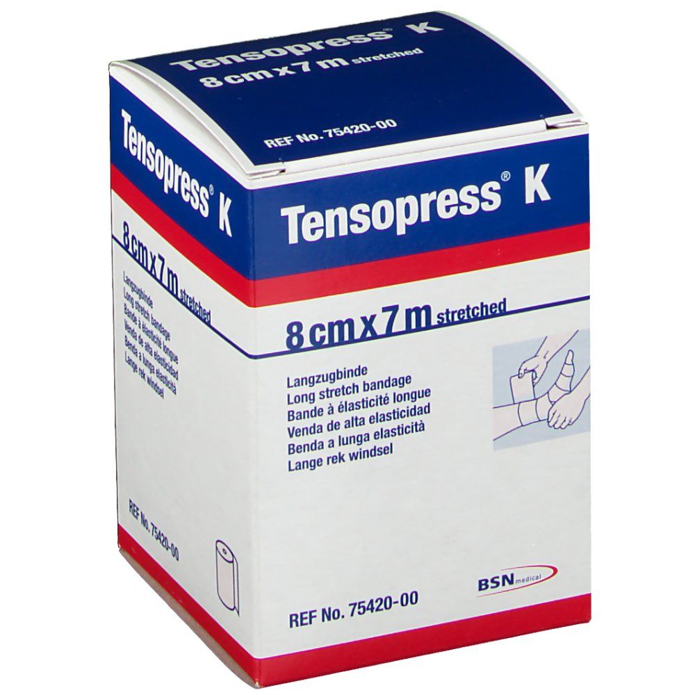 Emballage de Tensopress K Lanzugbinde. Boîte blanche et bleue. Inscription : 8cmx7m stretched. Illustration d'un bandage.