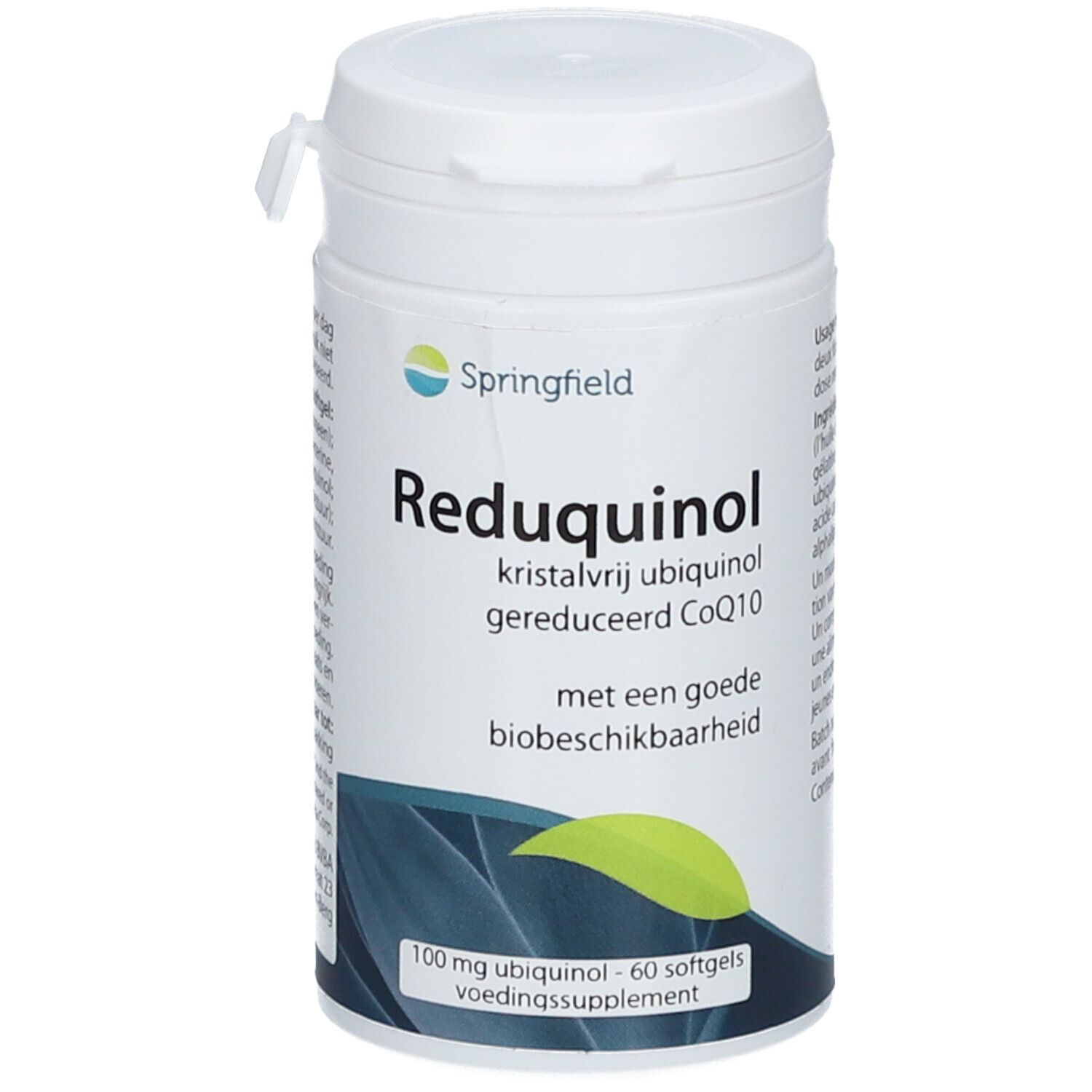 Flacon blanc Springfield Reduquinol. Inscription: Reduquinol, 100 mg ubiquinol, 60 gélules.