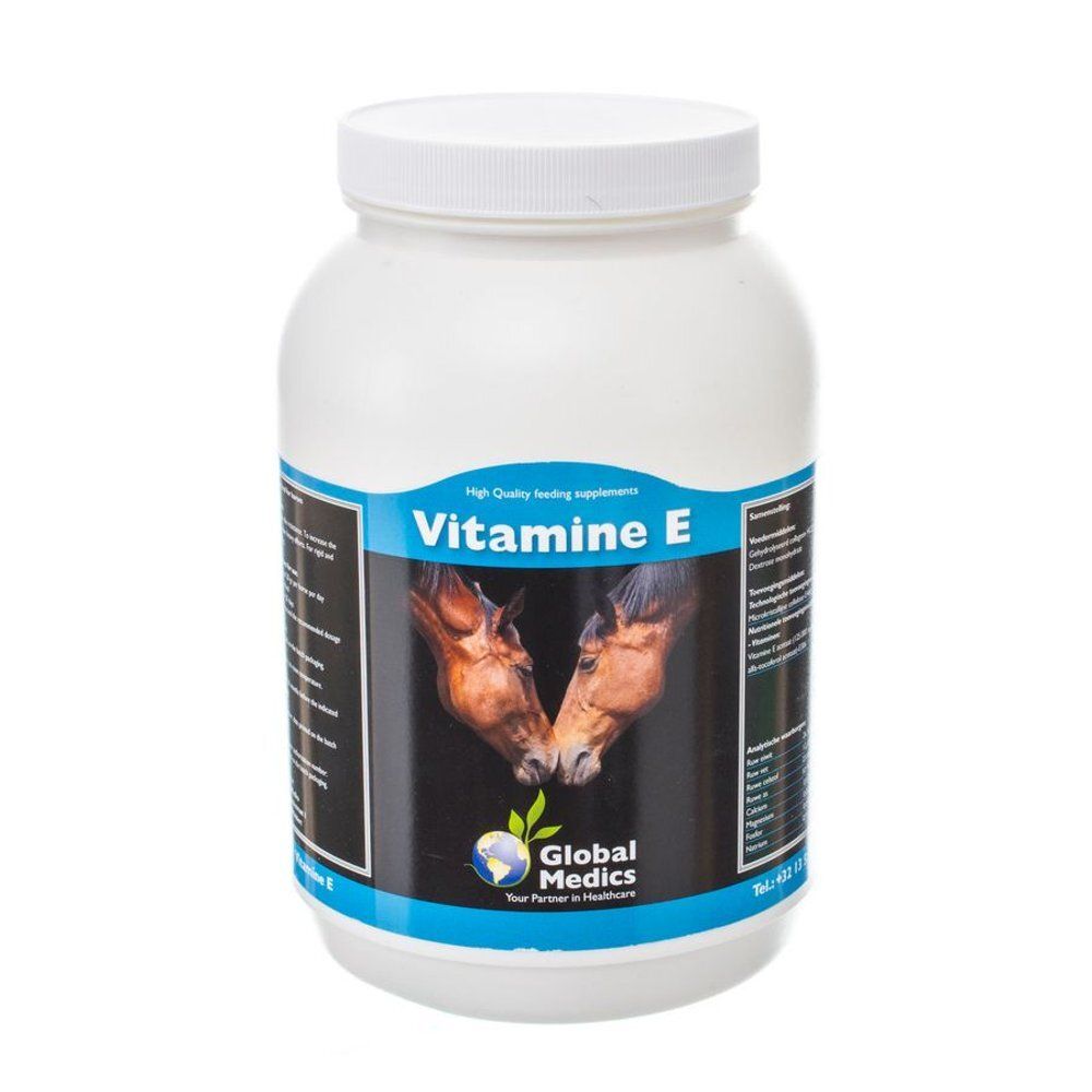 Global Medics Vitamine E pot met paardenafbeelding en productinformatie.