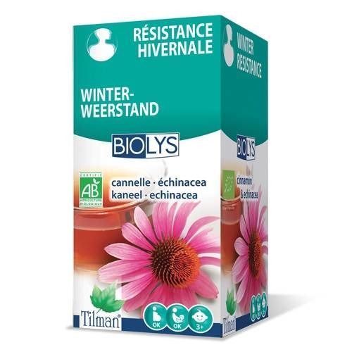 Verpakking van Biolys Cannelle - Echinacea. Groen-witte doos met productnaam, bloem en kopje thee. AB bio-certificering.
