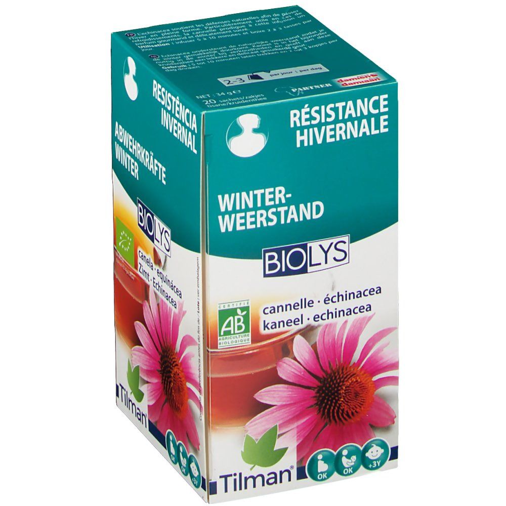 Biolys Cannelle - Echinacea verpakking. Groen-witte doos met productnaam, bloem en kopje thee. AB bio-certificering. 20 zakjes.