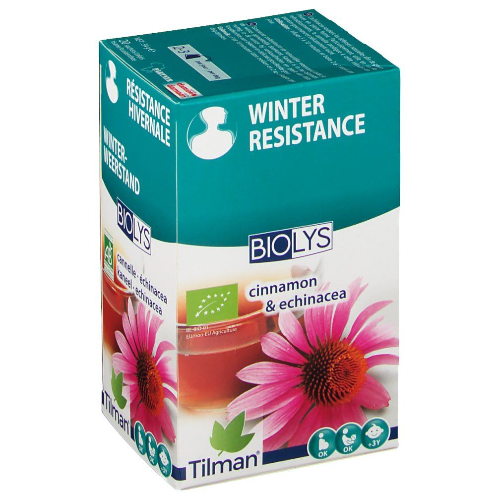 Biolys Cannelle - Echinacea verpakking. Groen-witte doos met productnaam, bloem en kopje thee. AB bio-certificering.