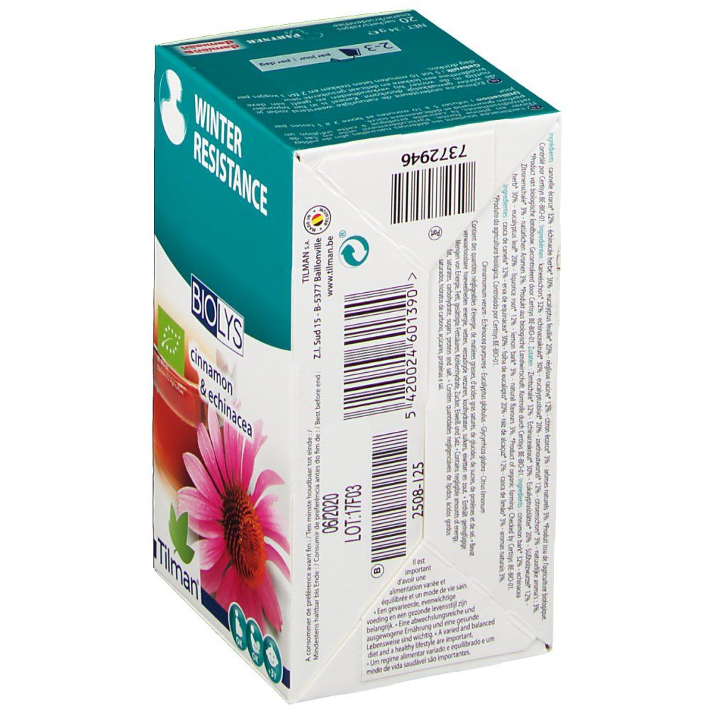 Achterkant van de Biolys Cannelle - Echinacea verpakking. Tekstinformatie, barcode, lotnummer en vervaldatum. Groen-witte doos.