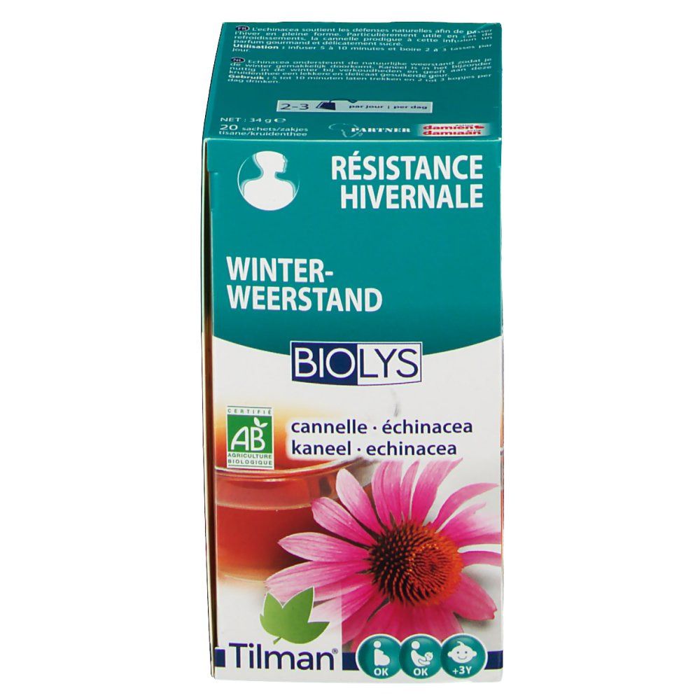 Biolys Cannelle - Echinacea verpakking. Groen-witte doos met productnaam, bloem en kopje thee. AB bio-certificering.
