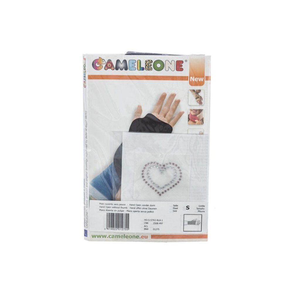 Verpakking Cameleone Hand Open Thumb Heart S. Zwarte handsteun, hartpatroon. Maat S. Logo en website.