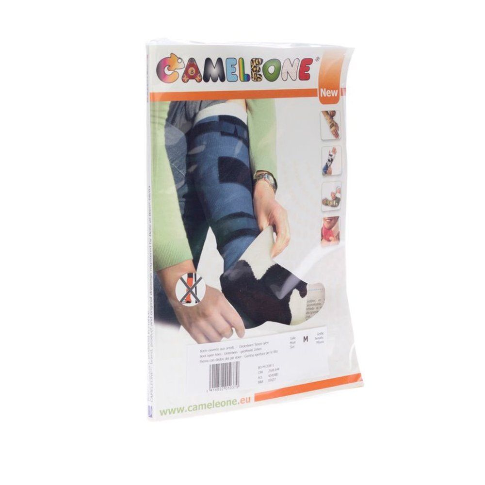 Emballage Cameleone. Support de jambe. Image d'un pied. Inscription "New".