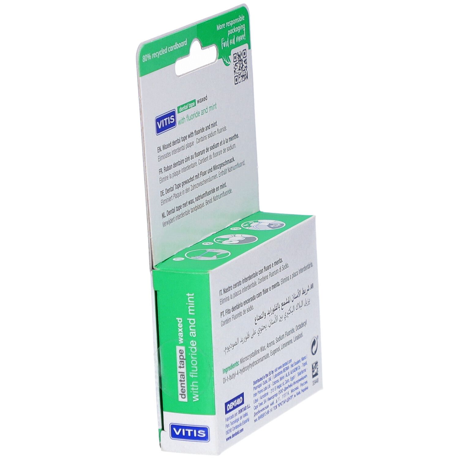 Vitis gewaxte tandtape, verpakking. Groene en witte verpakking. Opschrift: dental tape waxed with fluoride and mint.
