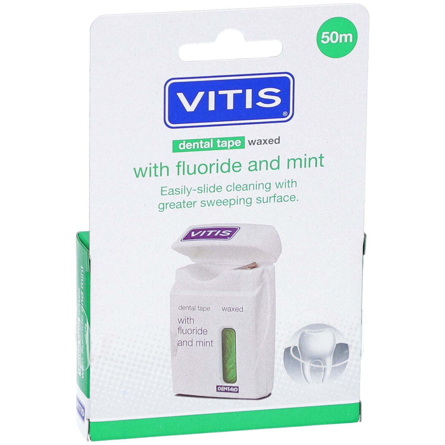 Vitis gewaxte tandtape, verpakking. Witte tape met groene streep. Opschrift: Vitis, dental tape waxed with fluoride and mint.