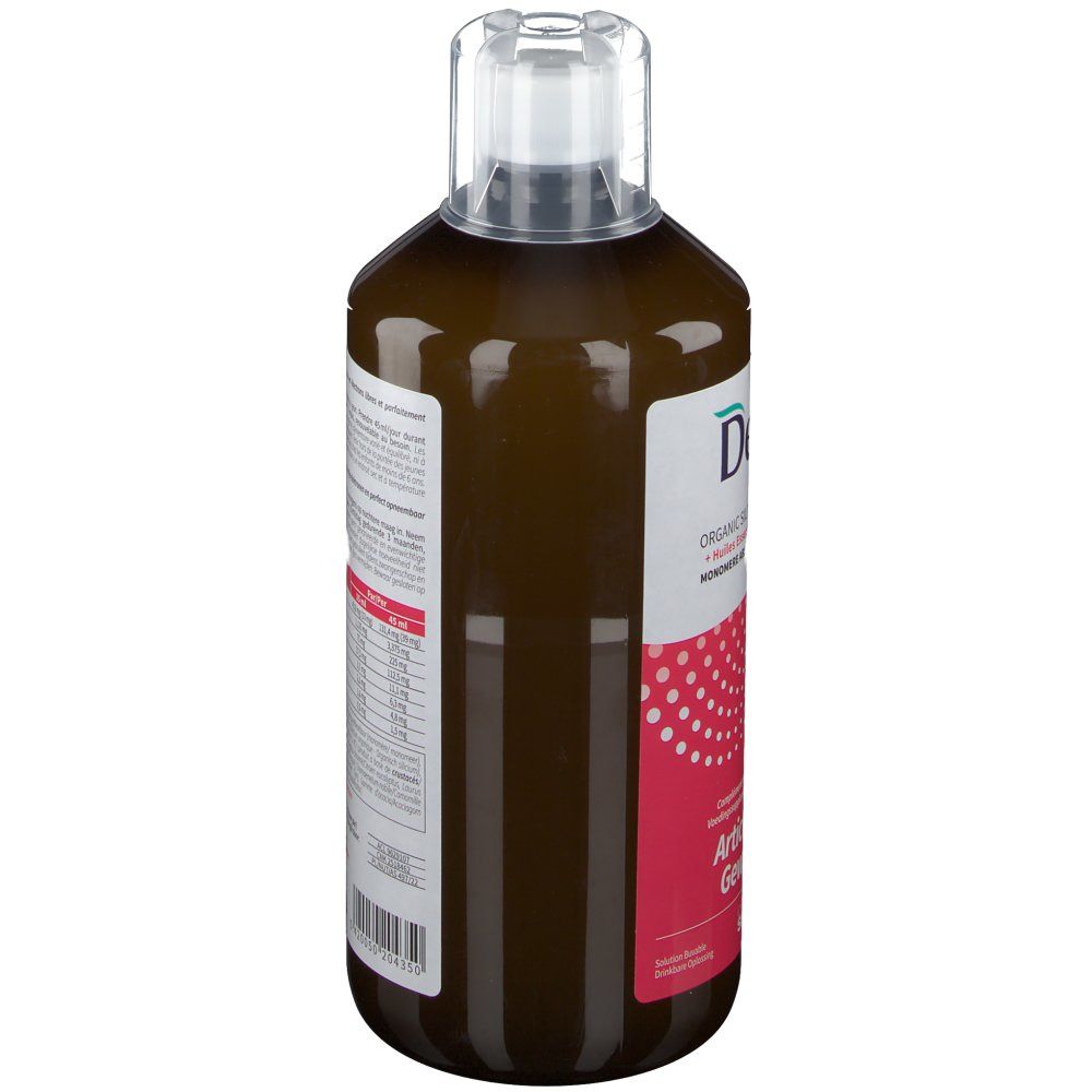 Bruine vloeistof in een fles met transparante dop. Etiket met tekst en informatie. Zijaanzicht.