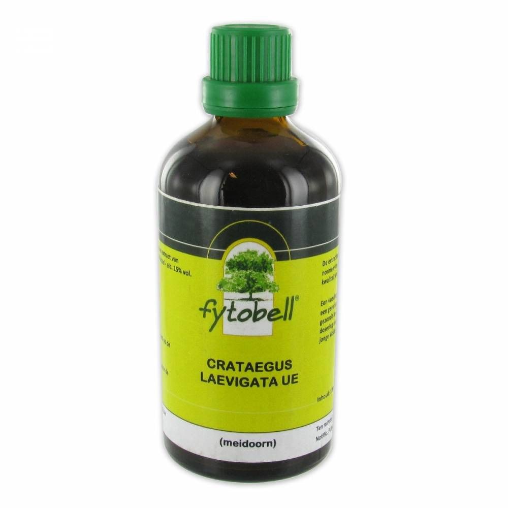 Flacon en verre brun avec bouchon vert. Étiquette jaune avec texte "fytobell" et "Crataegus Laevigata UE".