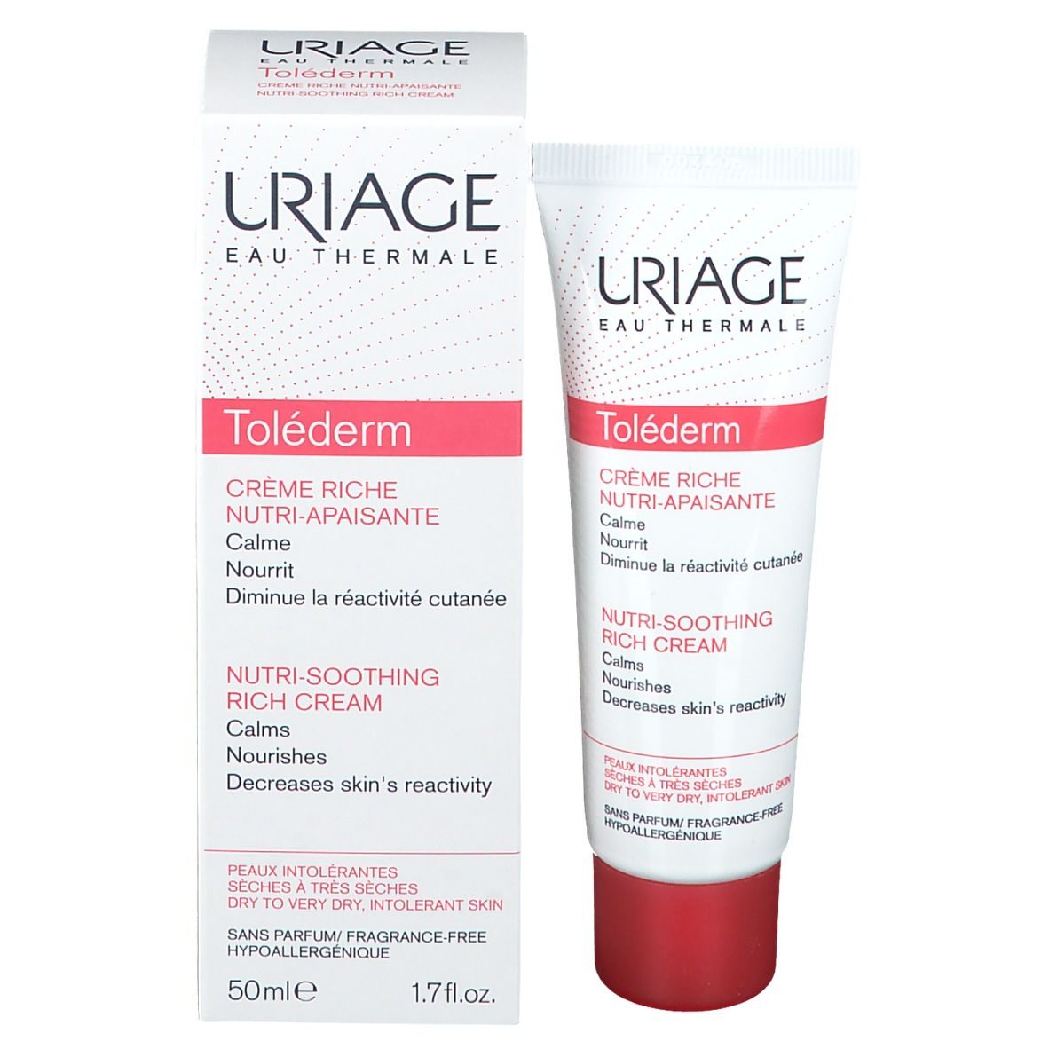 Productverpakking: tube en doos. Opschrift: URIAGE, Toléderm, Crème Riche. Tekst in het Frans en Engels.