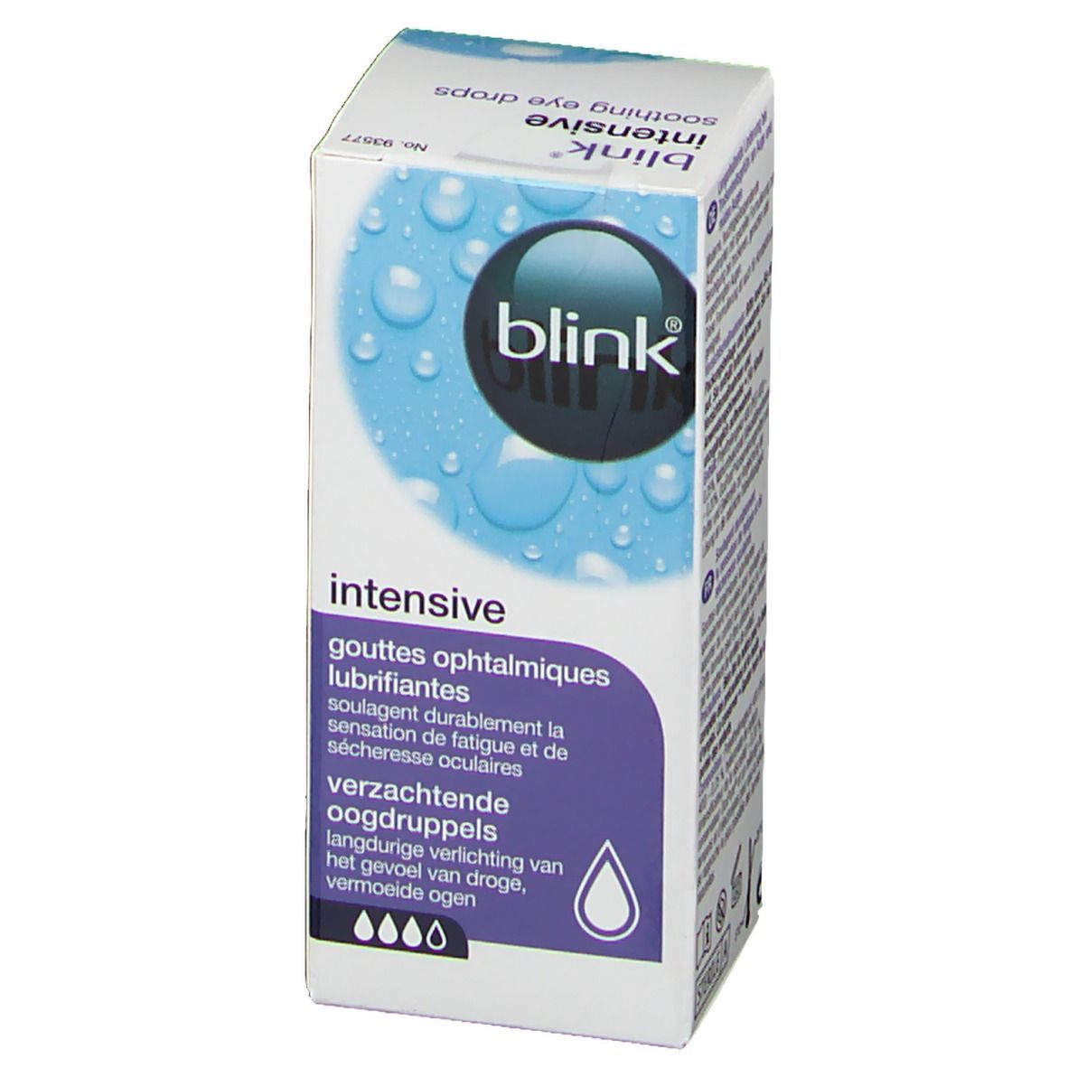 Verpakking met productinformatie. Opschrift: Blink intensive, oogdruppels. Logo Blink.