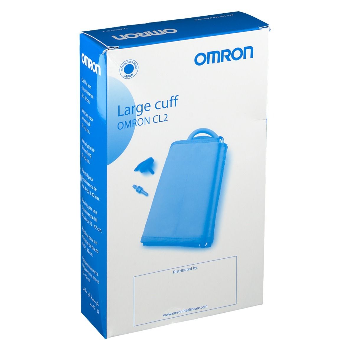 Verpakking OMRON Ringmanschette CL2. Blauwe manchet en accessoires afgebeeld. OMRON-logo bovenaan.