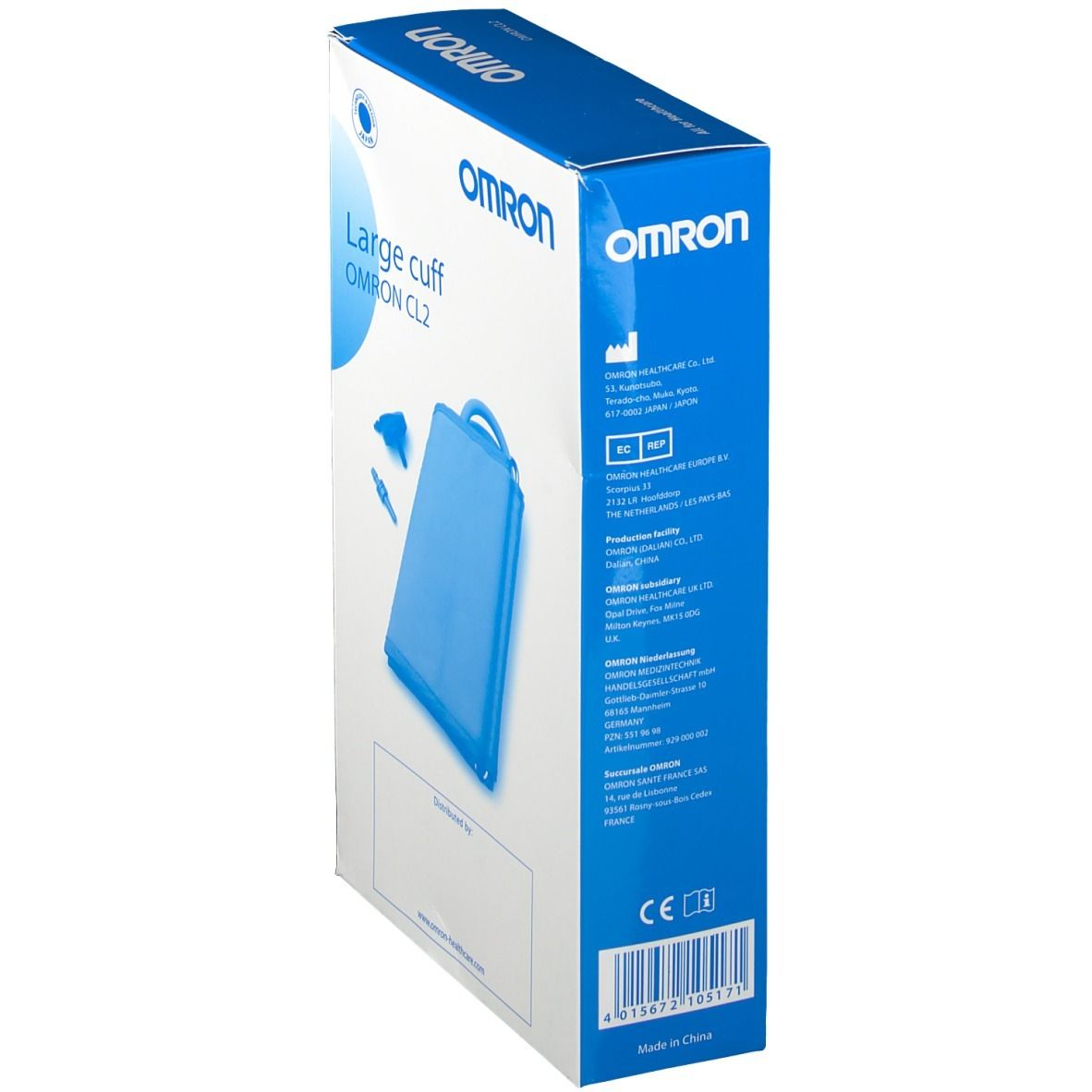 Zijaanzicht van de OMRON Ringmanschette CL2 verpakking. Productinformatie en logo's op de verpakking.