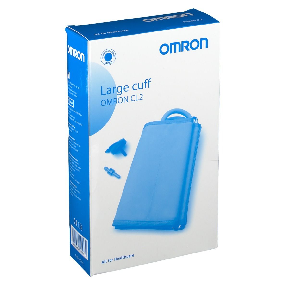 OMRON Ringmanschette CL2 verpakking. Blauwe manchet en accessoires. OMRON-logo en productnaam.