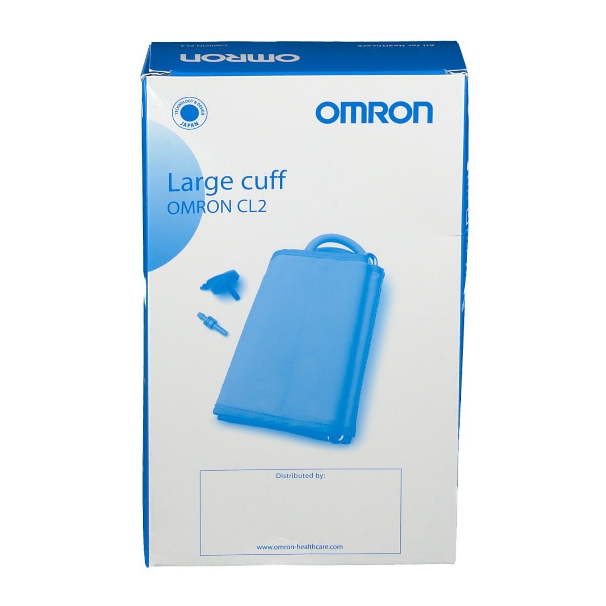 OMRON Ringmanschette CL2 verpakking. Blauwe manchet en accessoires. OMRON-logo en productnaam.
