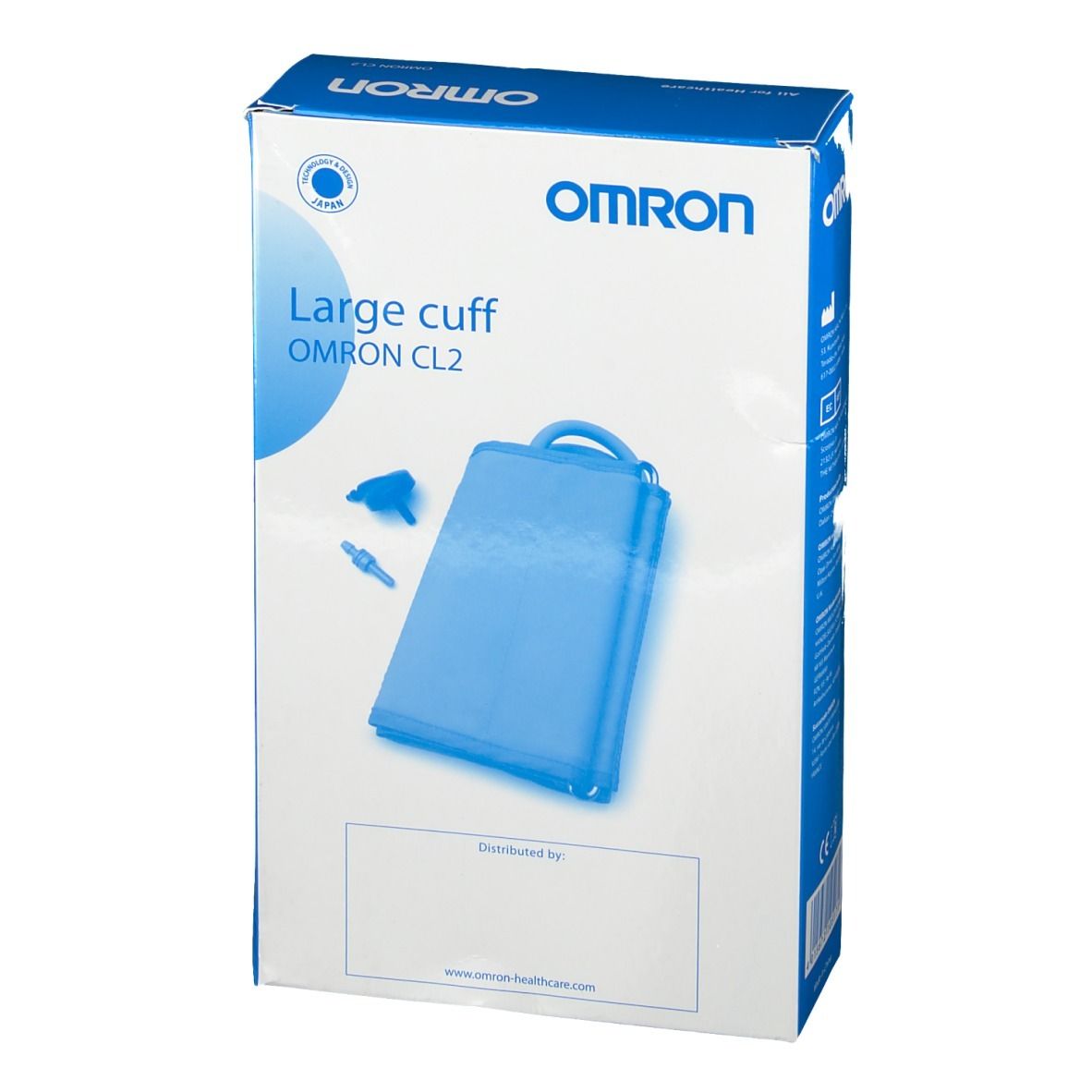 OMRON Ringmanschette CL2 verpakking. Blauwe manchet en accessoires. OMRON-logo en productnaam.