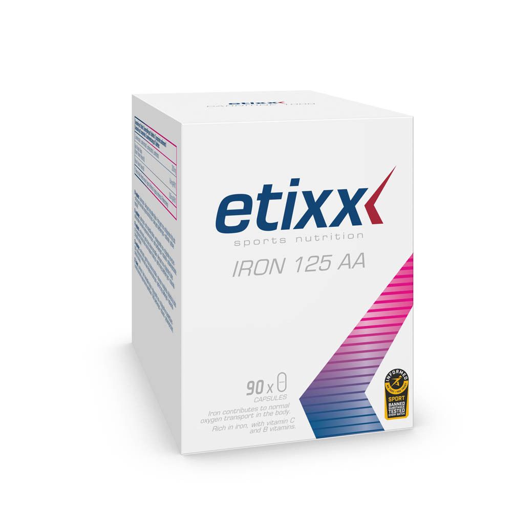 Witte doos met productnaam en logo. Bevat 90 capsules. Opschrift: etixx sports nutrition IRON 125 AA. Met sportcertificering.