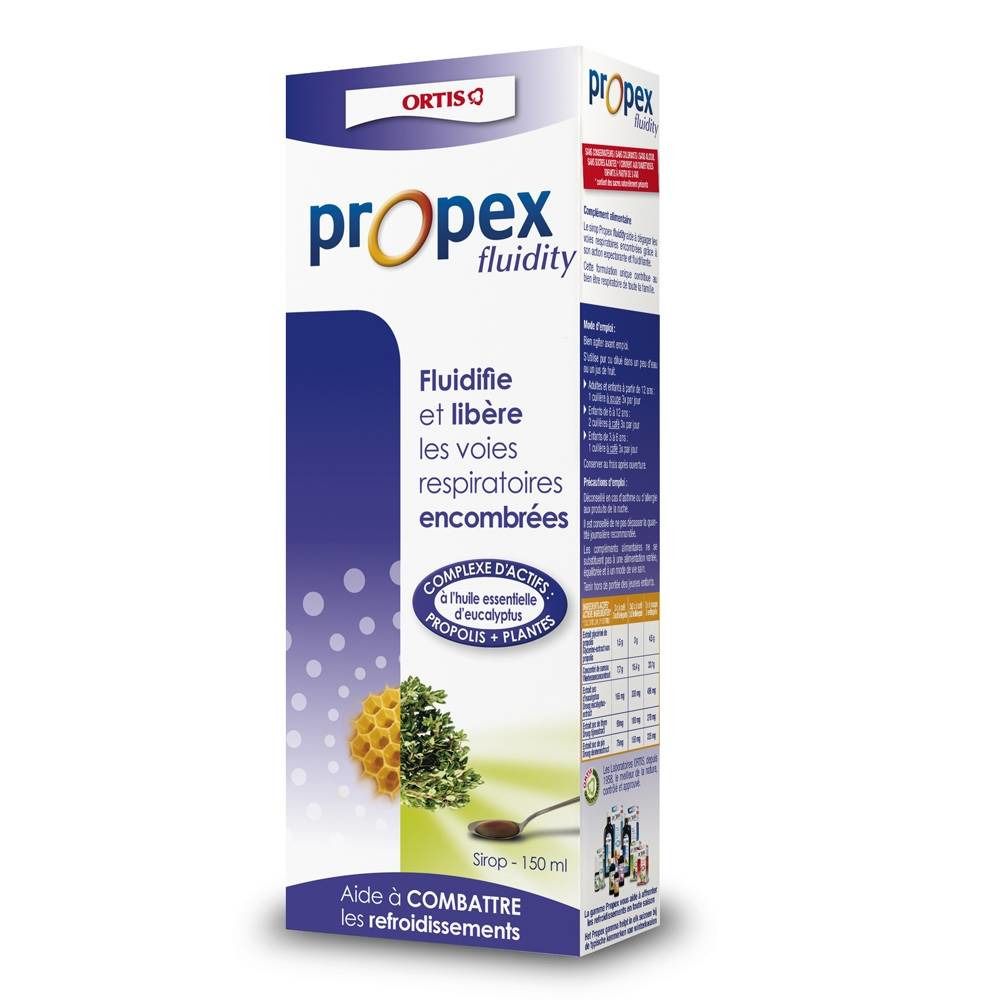 Boîte Propex Fluidity. Emballage bleu et blanc avec nom du produit et informations. Illustration de rayon de miel et plantes.