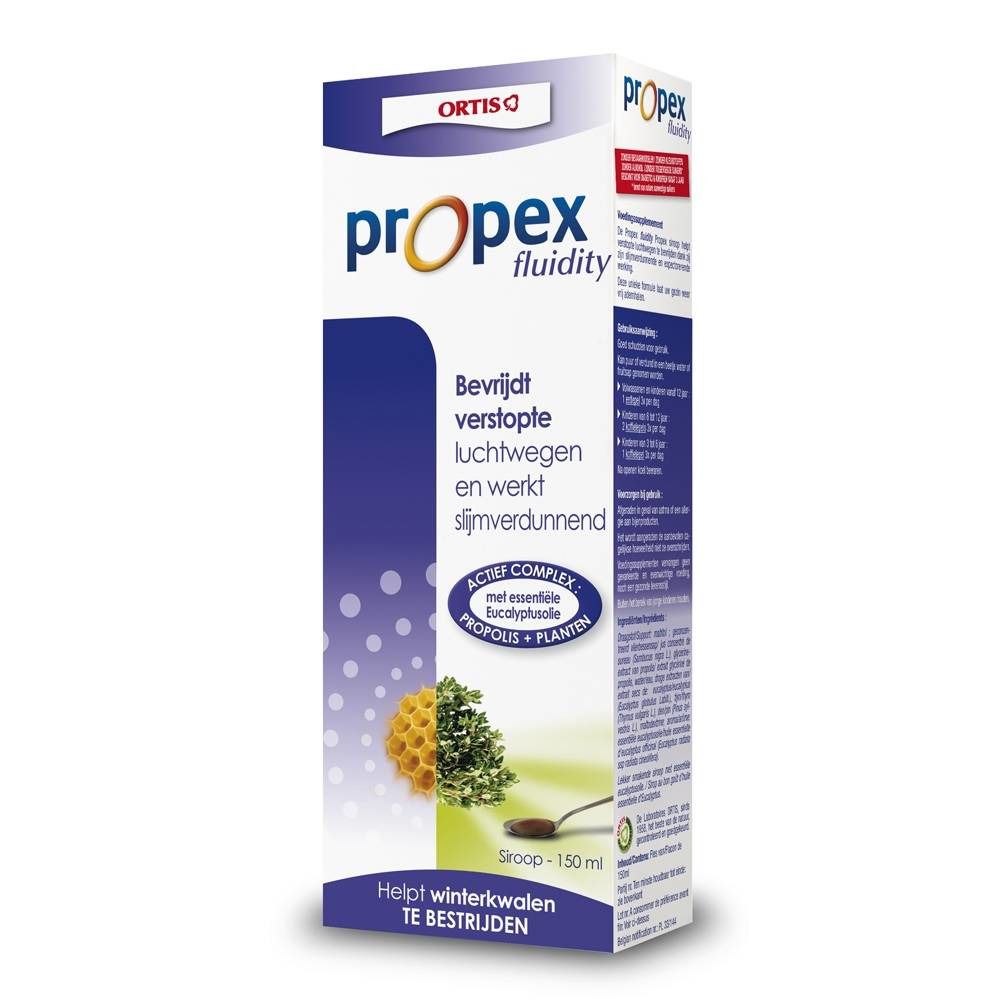 Boîte Propex Fluidity. Emballage bleu et blanc avec nom du produit et informations. Illustration de rayon de miel et plantes.