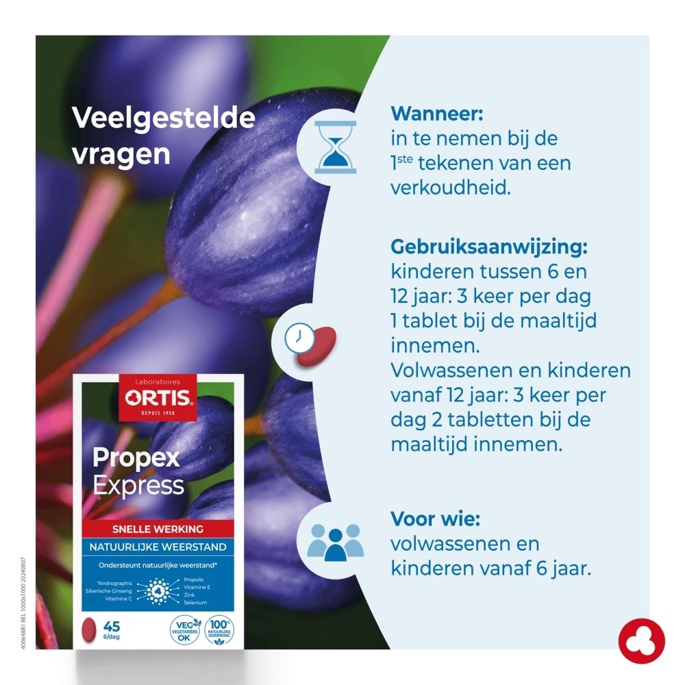 Doos van Propex Express met pruimenafbeelding, 45 tabletten.