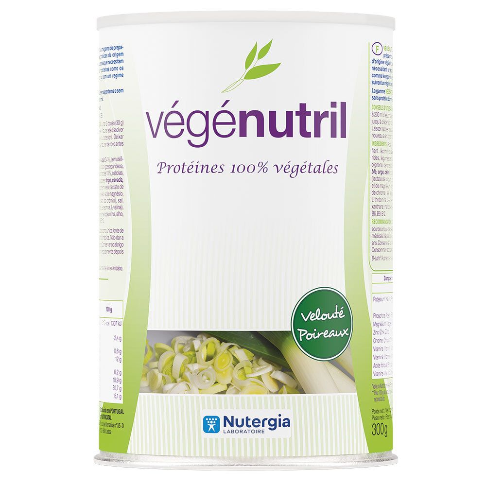 Blik Vegenutril Veloute Pdr, Prei. Opschrift: Vegenutril, Proteines 100% vegetales. Logo NUTERGIA. 300g.